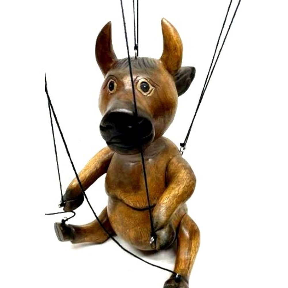 Vintage Wooden Bull Marionette Puppet 1950s 60s Hand Carved Folk Art